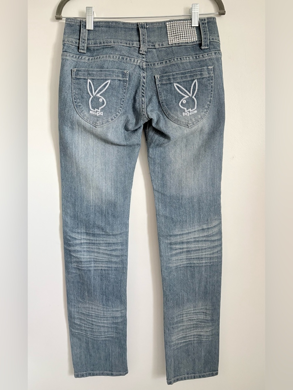 Playboy Y2K light-wash jeans bunny logos on back pockets & rhinestone patch 7/8